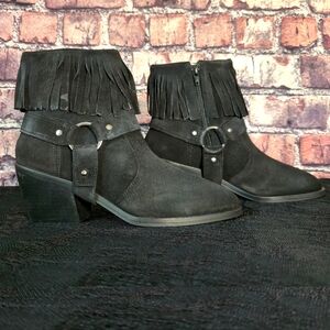 Distressrd Black Suede Western Fringe  Boots